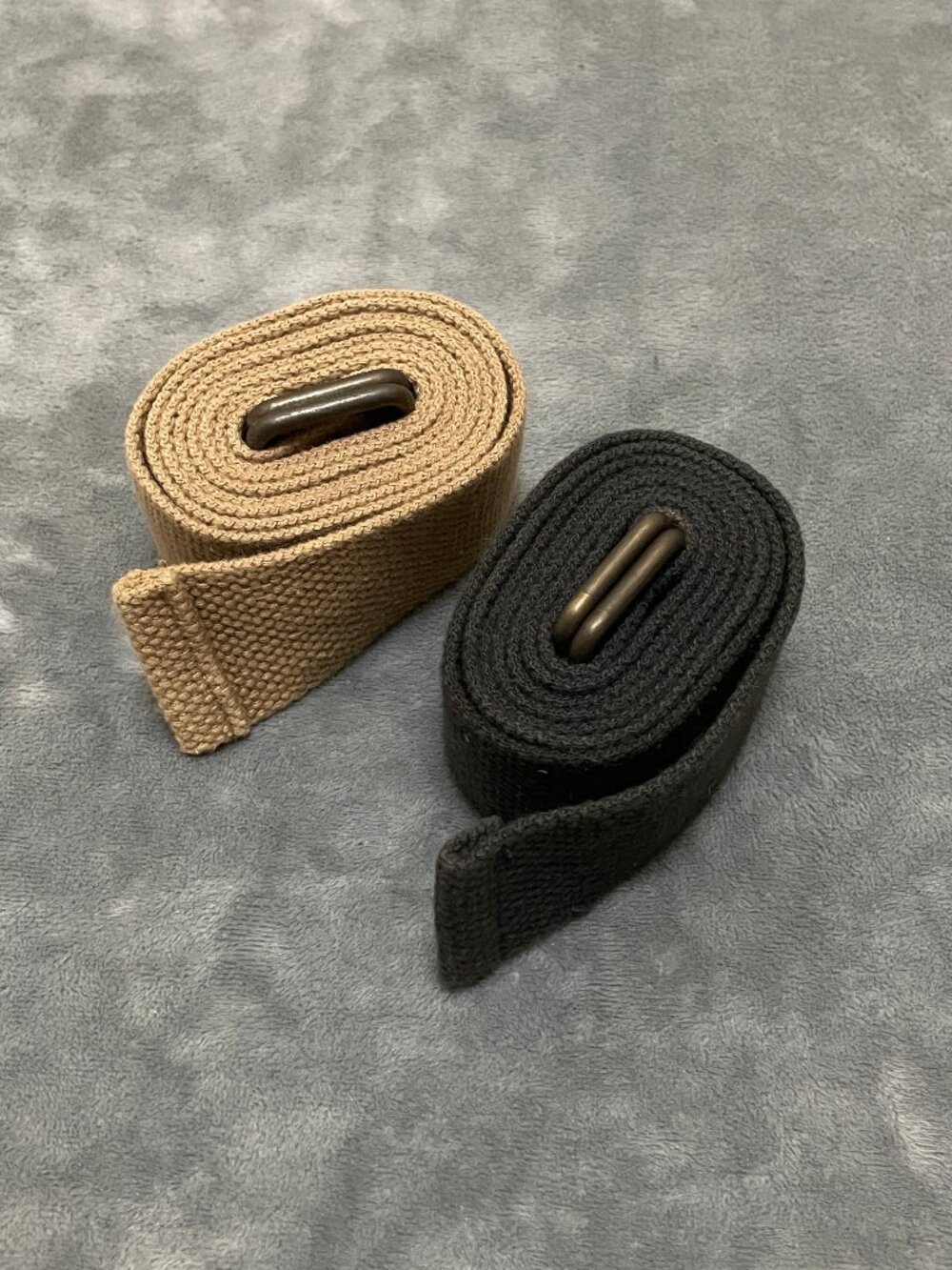 Lot of 2 Canvas Rectangular D-Ring Belts Tan and Black 45-46 inch